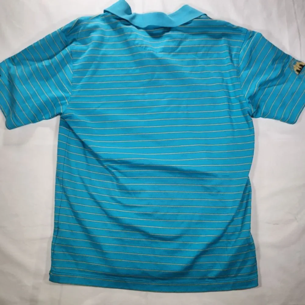 Nike Fit Dry Tiger Woods Men's Medium Blue Yellow Stripe Polo‎ golf course logo